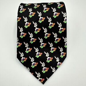 Keith Daniels Mens Silk Tie Black Easter Bunny Eggs Novelty Print 3.75in